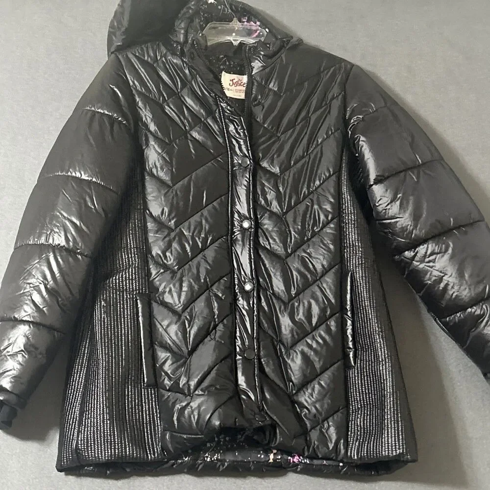 Justice Puffer Jacket Girls Black Full Zip Sz 16-18